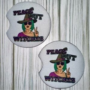 “Peace Out Witches” Halloween themed car coaster set new